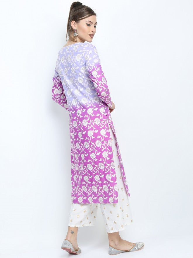 Women Mauve & Purple Ethnic Motifs Printed Straight Kurta with Palazzo & Dupatta - Mauve - Image 3