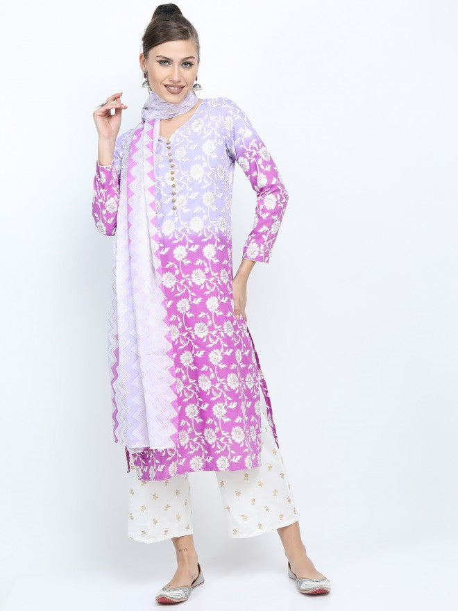 Women Mauve & Purple Ethnic Motifs Printed Straight Kurta with Palazzo & Dupatta - Mauve - Image 4