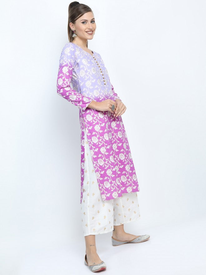 Women Mauve & Purple Ethnic Motifs Printed Straight Kurta with Palazzo & Dupatta - Mauve - Image 6