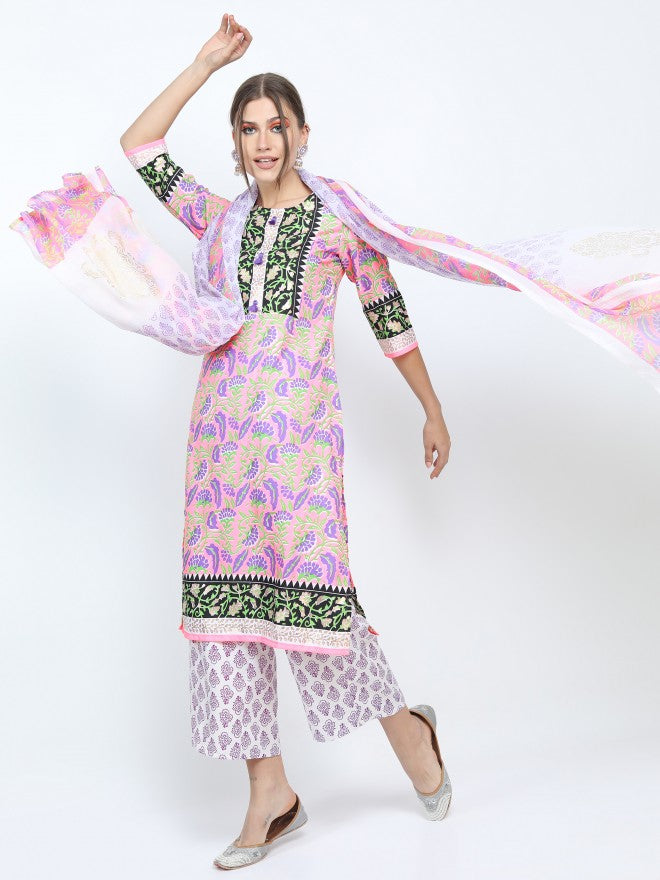 Women Pink & Purple Floral Printed Straight Kurta with Palazzo & Dupatta - Pink - Image 1
