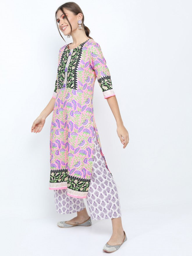 Women Pink & Purple Floral Printed Straight Kurta with Palazzo & Dupatta - Pink - Image 2