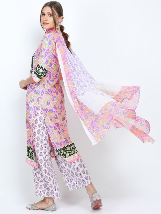 Women Pink & Purple Floral Printed Straight Kurta with Palazzo & Dupatta - Pink - Image 3
