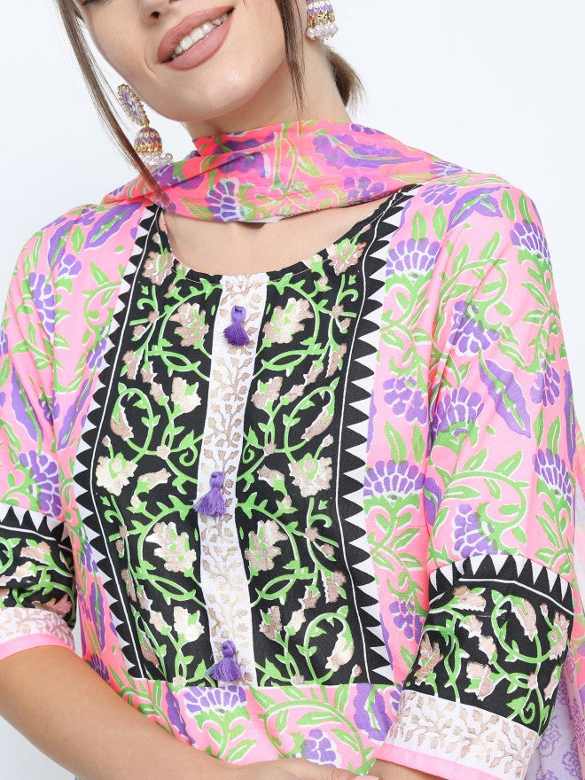 Women Pink & Purple Floral Printed Straight Kurta with Palazzo & Dupatta - Pink - Image 4