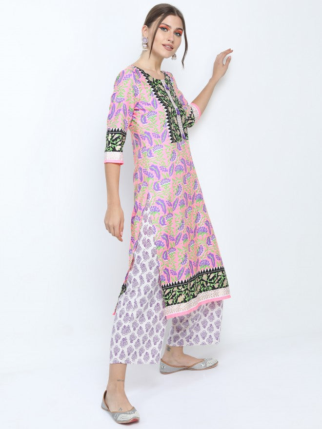 Women Pink & Purple Floral Printed Straight Kurta with Palazzo & Dupatta - Pink - Image 5