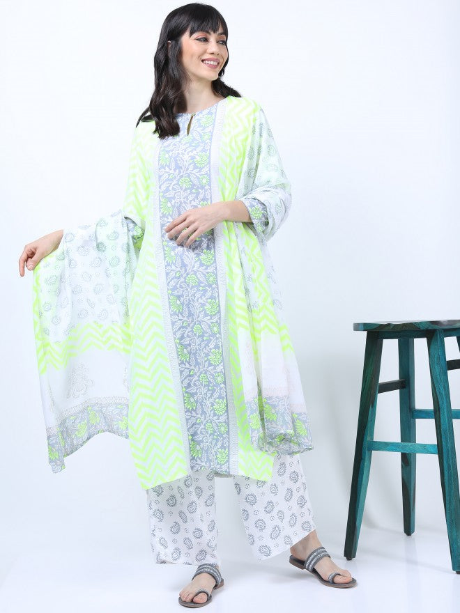 Women Yellow & Grey Ethnic Motifs Printed Straight Kurta with Palazzo & Dupatta - Yellow - Image 1