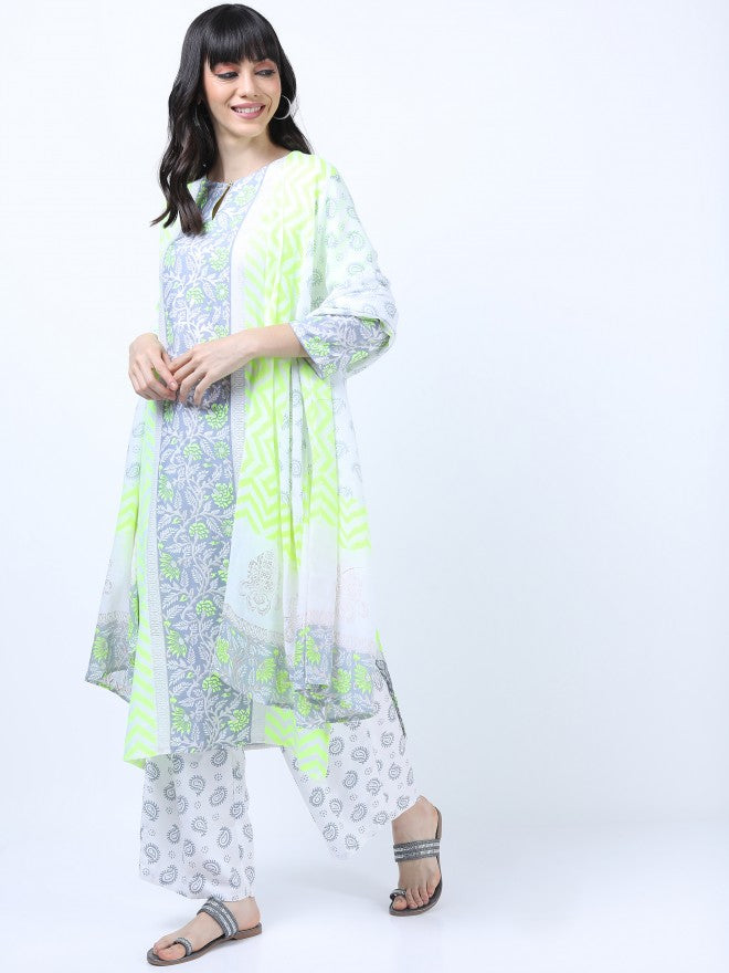 Women Yellow & Grey Ethnic Motifs Printed Straight Kurta with Palazzo & Dupatta - Yellow - Image 2
