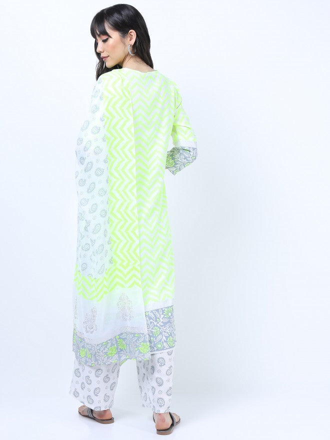 Women Yellow & Grey Ethnic Motifs Printed Straight Kurta with Palazzo & Dupatta - Yellow - Image 3