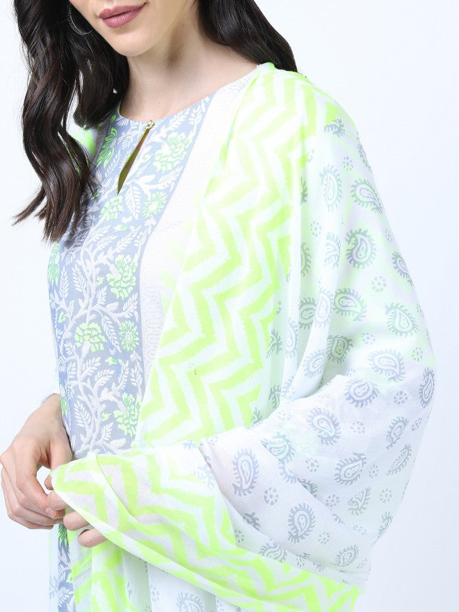 Women Yellow & Grey Ethnic Motifs Printed Straight Kurta with Palazzo & Dupatta - Yellow - Image 4