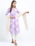 Women Khaki & Mauve Ethnic Motifs Printed Straight Kurta with Palazzo & Dupatta - Beige - Image 1