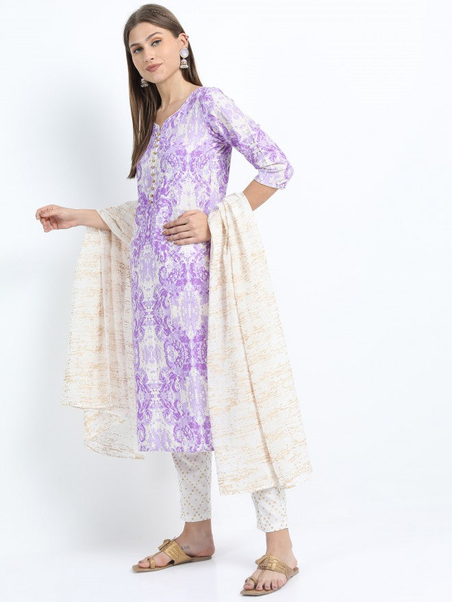 Women Khaki & Mauve Ethnic Motifs Printed Straight Kurta with Palazzo & Dupatta - Beige - Image 2