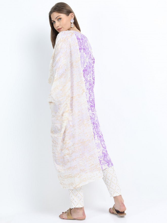 Women Khaki & Mauve Ethnic Motifs Printed Straight Kurta with Palazzo & Dupatta - Beige - Image 3