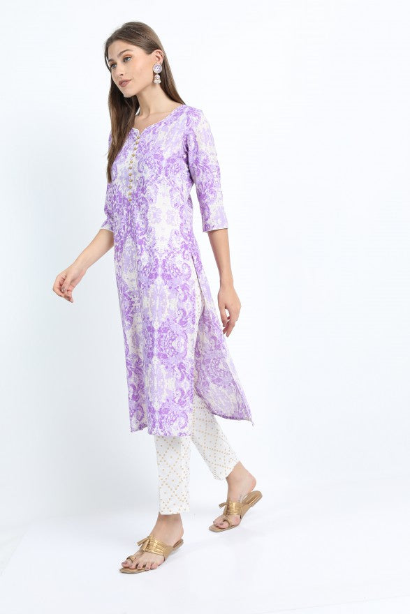Women Khaki & Mauve Ethnic Motifs Printed Straight Kurta with Palazzo & Dupatta - Beige - Image 4