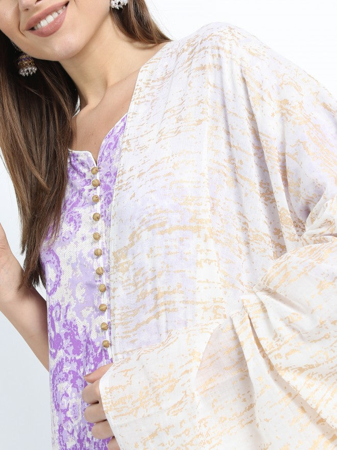 Women Khaki & Mauve Ethnic Motifs Printed Straight Kurta with Palazzo & Dupatta - Beige - Image 5