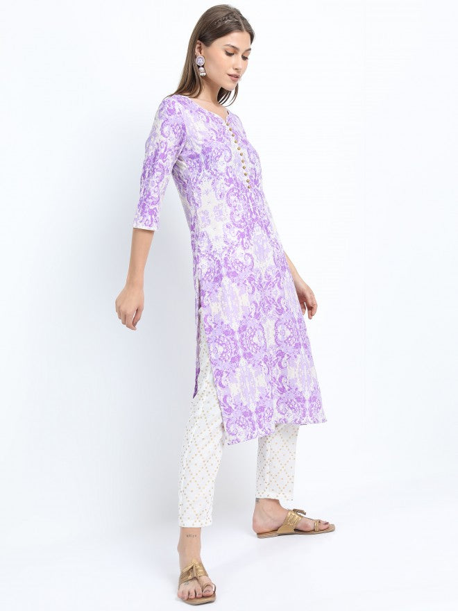 Women Khaki & Mauve Ethnic Motifs Printed Straight Kurta with Palazzo & Dupatta - Beige - Image 6