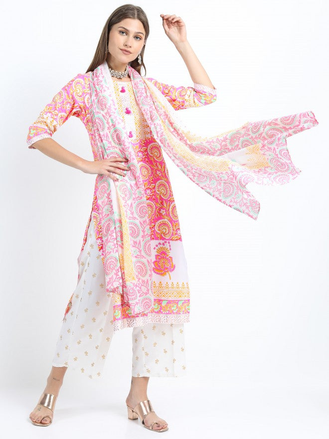 Women Pink & Yellow Ethnic Motifs Printed Straight Kurta with Palazzo & Dupatta - Pink - Image 1