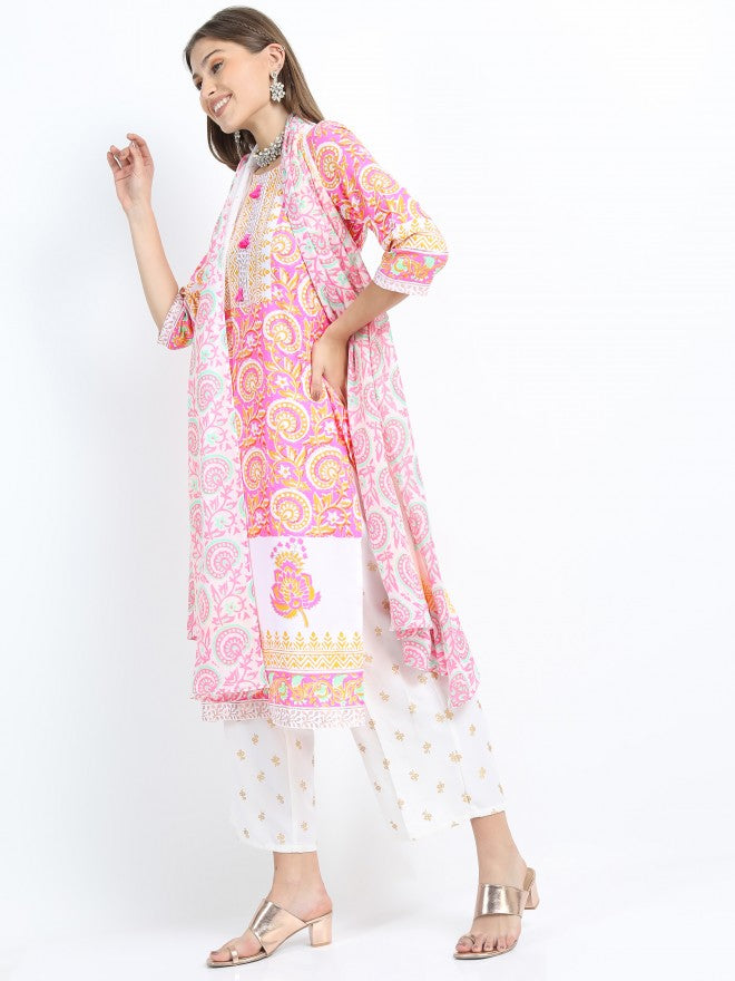 Women Pink & Yellow Ethnic Motifs Printed Straight Kurta with Palazzo & Dupatta - Pink - Image 2