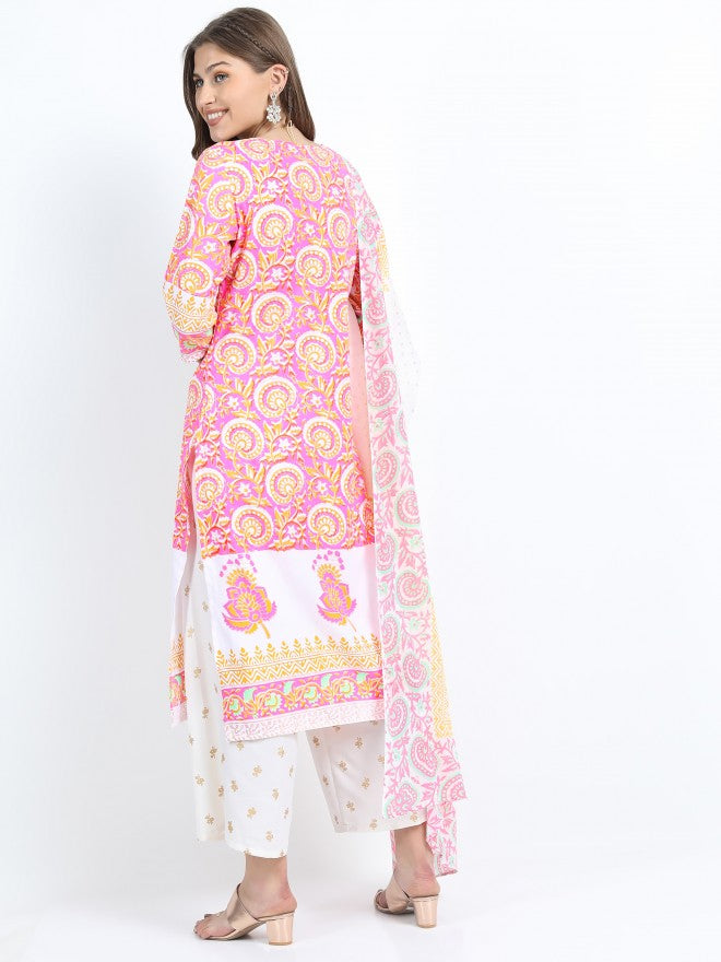 Women Pink & Yellow Ethnic Motifs Printed Straight Kurta with Palazzo & Dupatta - Pink - Image 3