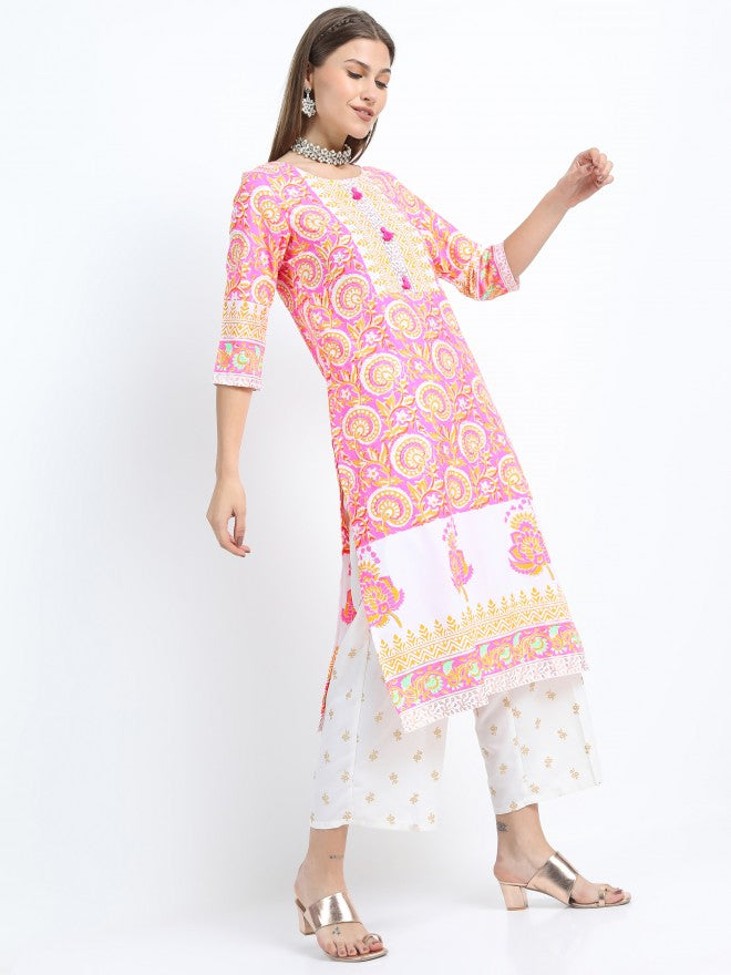 Women Pink & Yellow Ethnic Motifs Printed Straight Kurta with Palazzo & Dupatta - Pink - Image 4