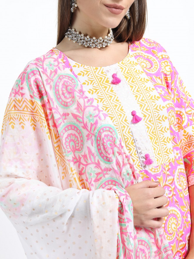Women Pink & Yellow Ethnic Motifs Printed Straight Kurta with Palazzo & Dupatta - Pink - Image 5