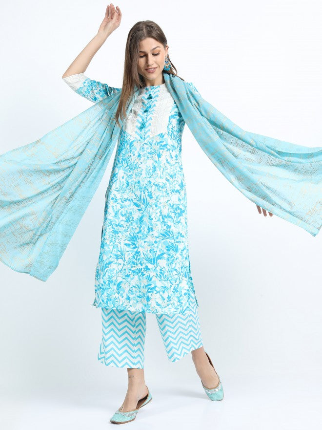 Women Turq & Gold Floral Printed Straight Kurta with Palazzo & Dupatta - Turquoise - Image 1