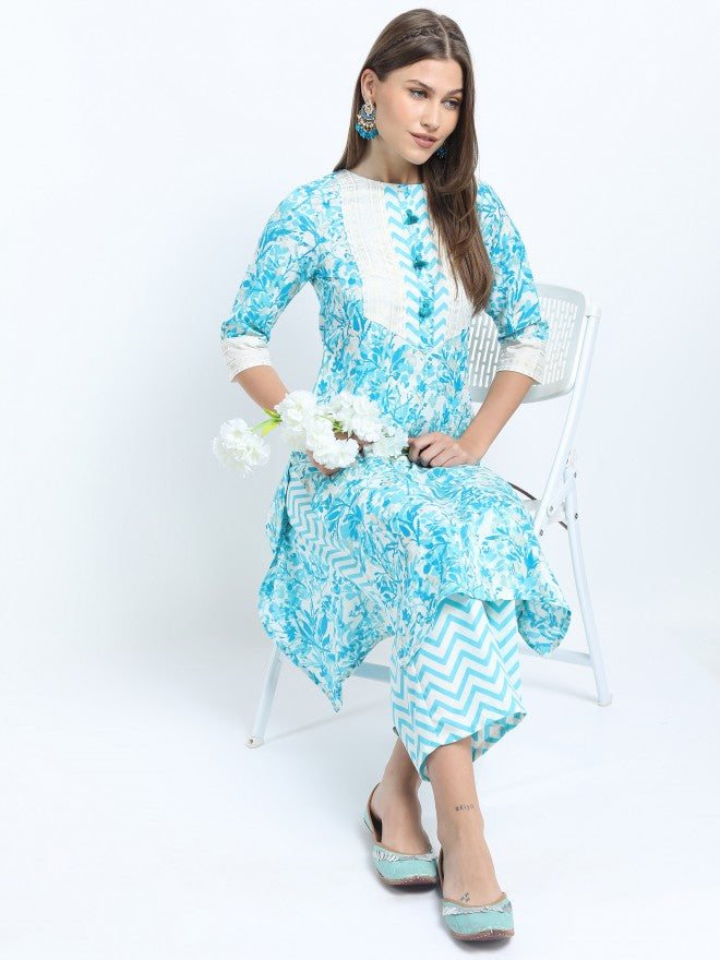 Women Turq & Gold Floral Printed Straight Kurta with Palazzo & Dupatta - Turquoise - Image 2