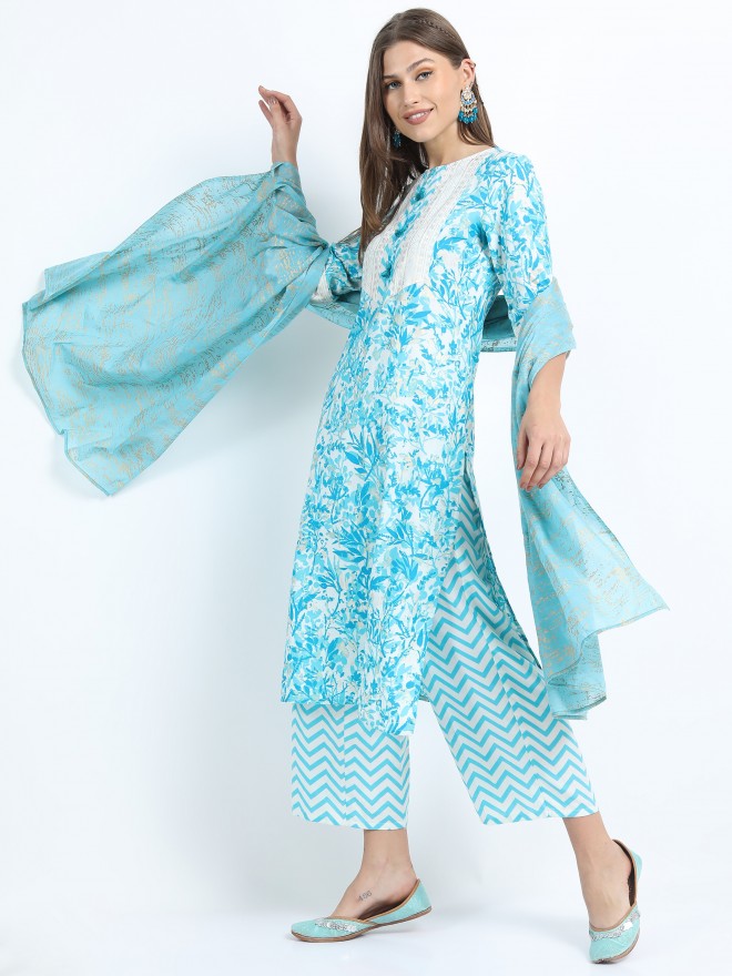 Women Turq & Gold Floral Printed Straight Kurta with Palazzo & Dupatta - Turquoise - Image 3