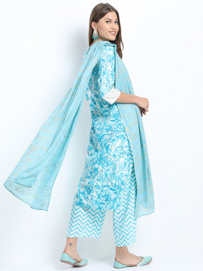 Women Turq & Gold Floral Printed Straight Kurta with Palazzo & Dupatta - Turquoise - Image 4