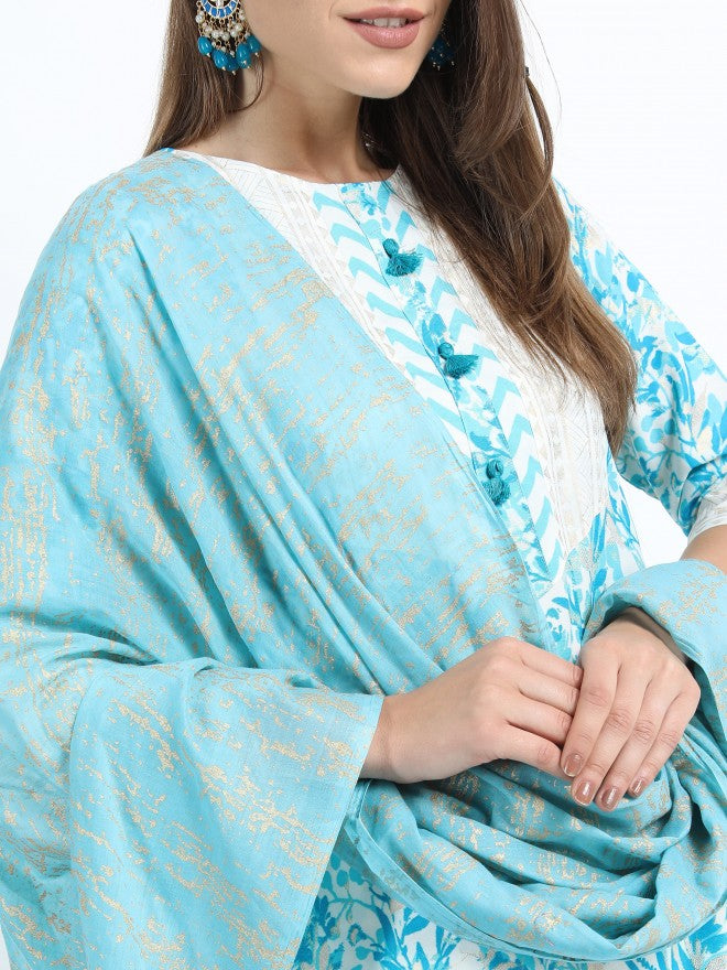 Women Turq & Gold Floral Printed Straight Kurta with Palazzo & Dupatta - Turquoise - Image 5