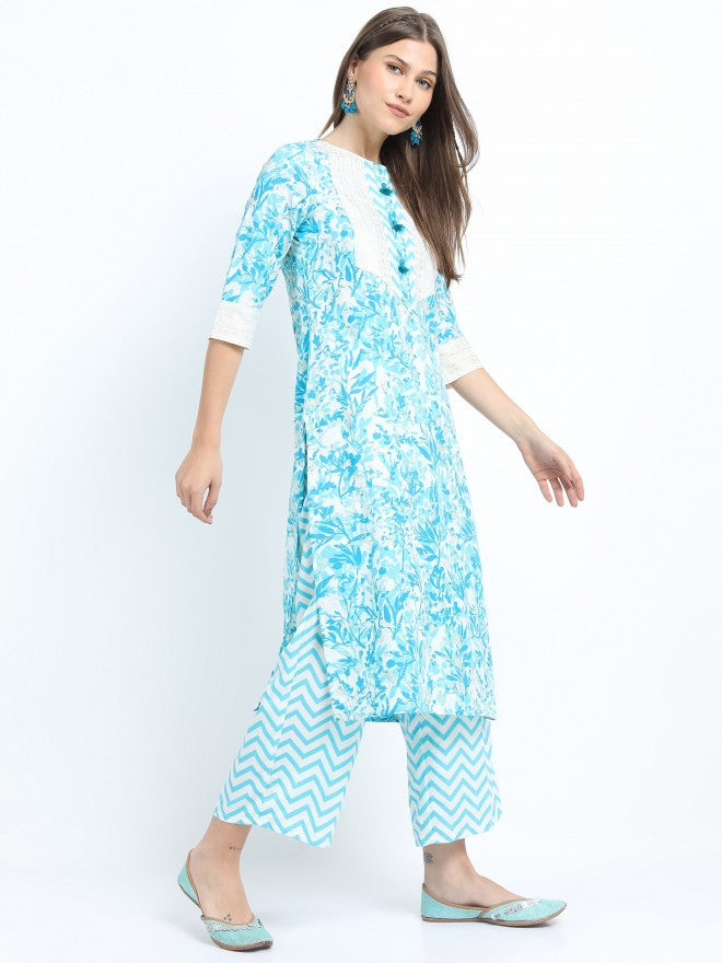 Women Turq & Gold Floral Printed Straight Kurta with Palazzo & Dupatta - Turquoise - Image 6