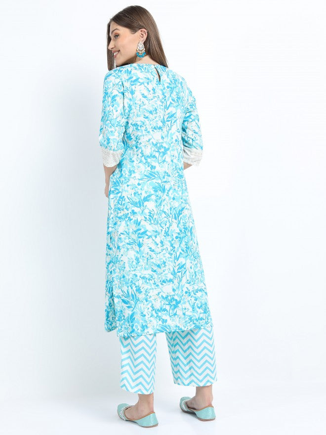 Women Turq & Gold Floral Printed Straight Kurta with Palazzo & Dupatta - Turquoise - Image 7