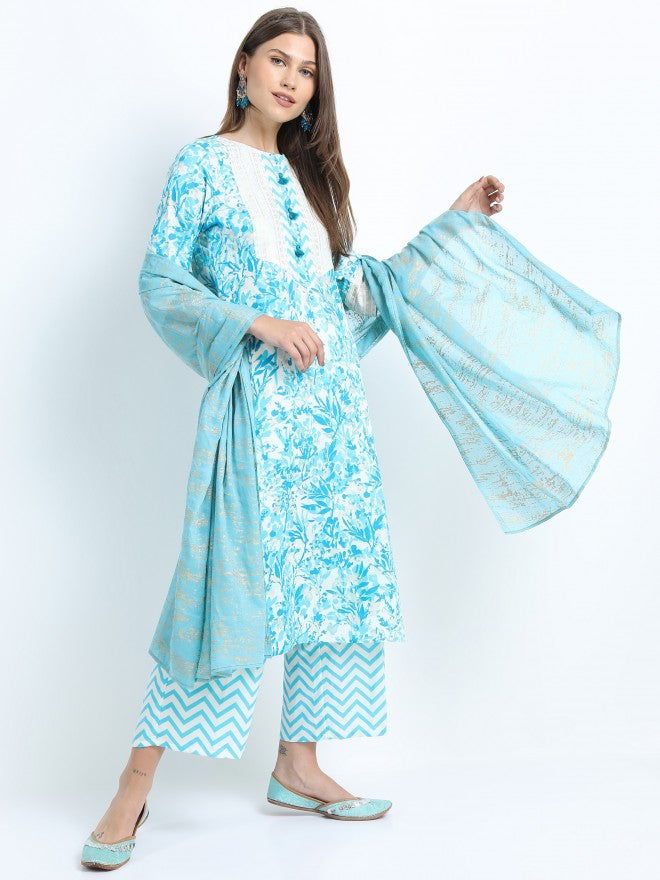 Women Turq & Gold Floral Printed Straight Kurta with Palazzo & Dupatta - Turquoise - Image 8