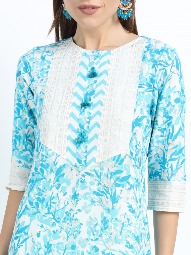 Women Turq & Gold Floral Printed Straight Kurta with Palazzo & Dupatta - Turquoise - Image 9