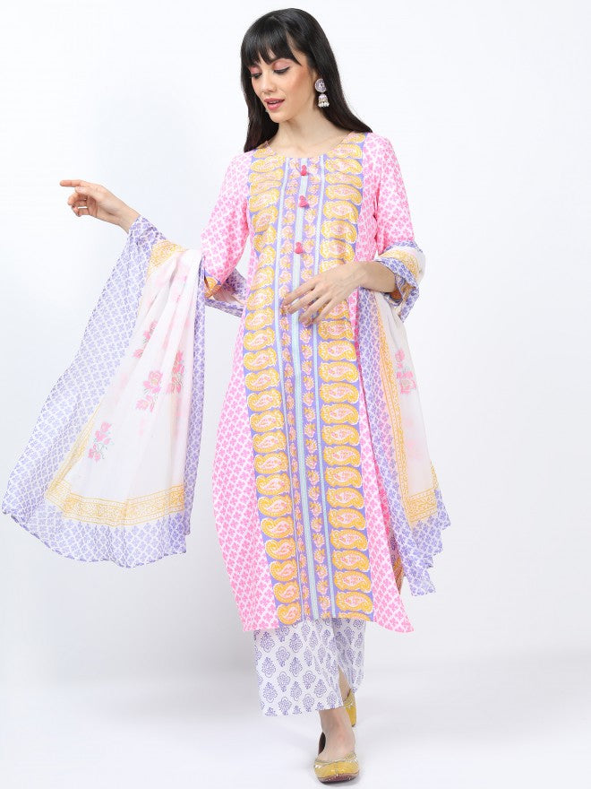 Women Pink & Purple Ethnic Motifs Printed Straight Kurta with Palazzo & Dupatta - Pink - Image 1
