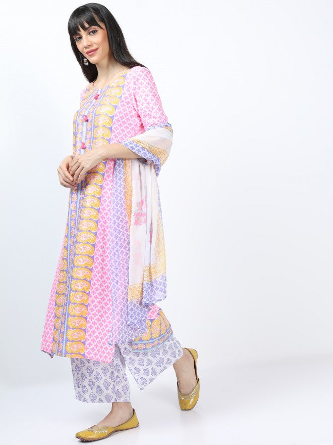 Women Pink & Purple Ethnic Motifs Printed Straight Kurta with Palazzo & Dupatta - Pink - Image 2