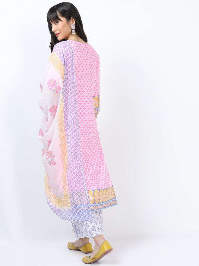 Women Pink & Purple Ethnic Motifs Printed Straight Kurta with Palazzo & Dupatta - Pink - Image 3