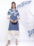 Vishudh Women Khaki/Blue Floral Printed Straight Kurta With Cropped Palazzo And Dupatta - Beige - Image 1