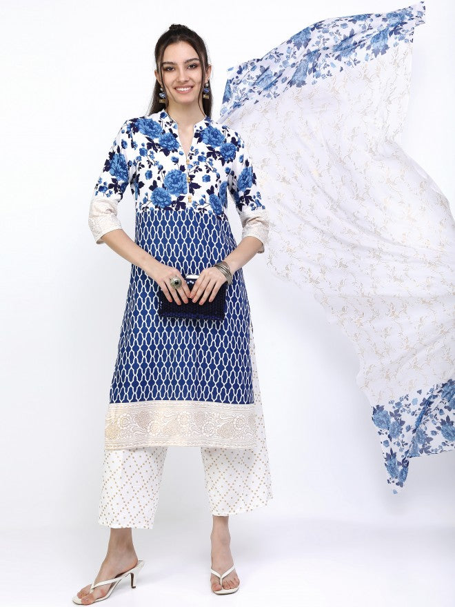 Vishudh Women Khaki/Blue Floral Printed Straight Kurta With Cropped Palazzo And Dupatta - Beige - Image 1