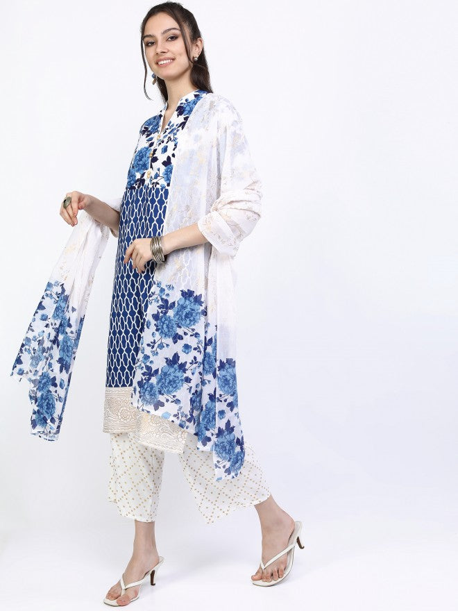 Vishudh Women Khaki/Blue Floral Printed Straight Kurta With Cropped Palazzo And Dupatta - Beige - Image 2