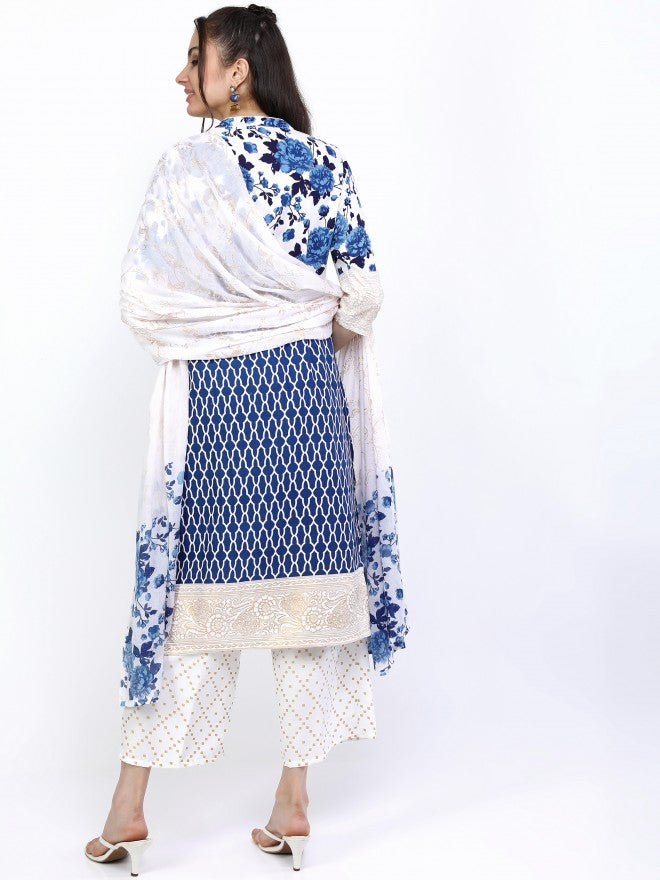 Vishudh Women Khaki/Blue Floral Printed Straight Kurta With Cropped Palazzo And Dupatta - Beige - Image 3