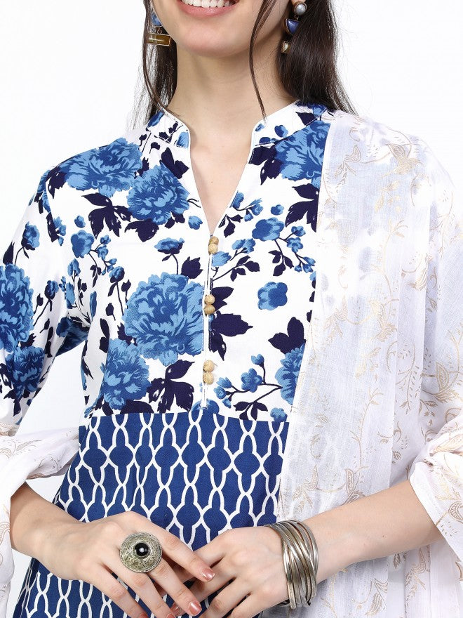 Vishudh Women Khaki/Blue Floral Printed Straight Kurta With Cropped Palazzo And Dupatta - Beige - Image 4