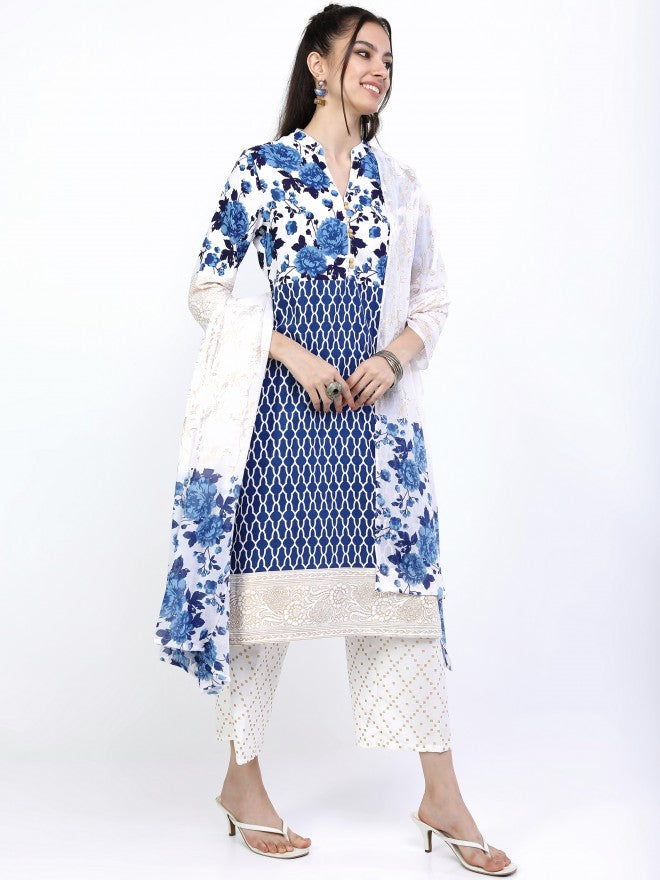 Vishudh Women Khaki/Blue Floral Printed Straight Kurta With Cropped Palazzo And Dupatta - Beige - Image 5