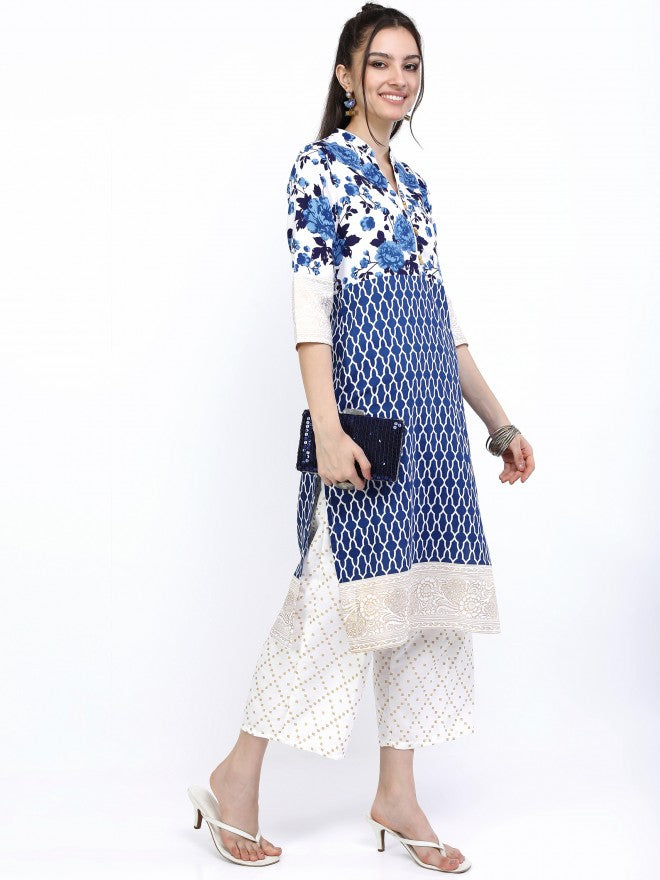 Vishudh Women Khaki/Blue Floral Printed Straight Kurta With Cropped Palazzo And Dupatta - Beige - Image 6
