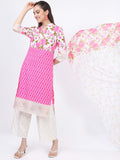 Vishudh Women Khaki/Pink Floral Printed Kurta with Palazzo And Dupatta - Beige - Image 1