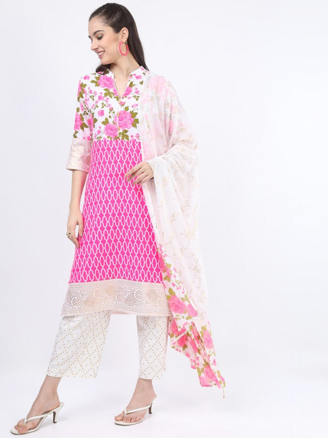 Vishudh Women Khaki/Pink Floral Printed Kurta with Palazzo And Dupatta - Beige - Image 2