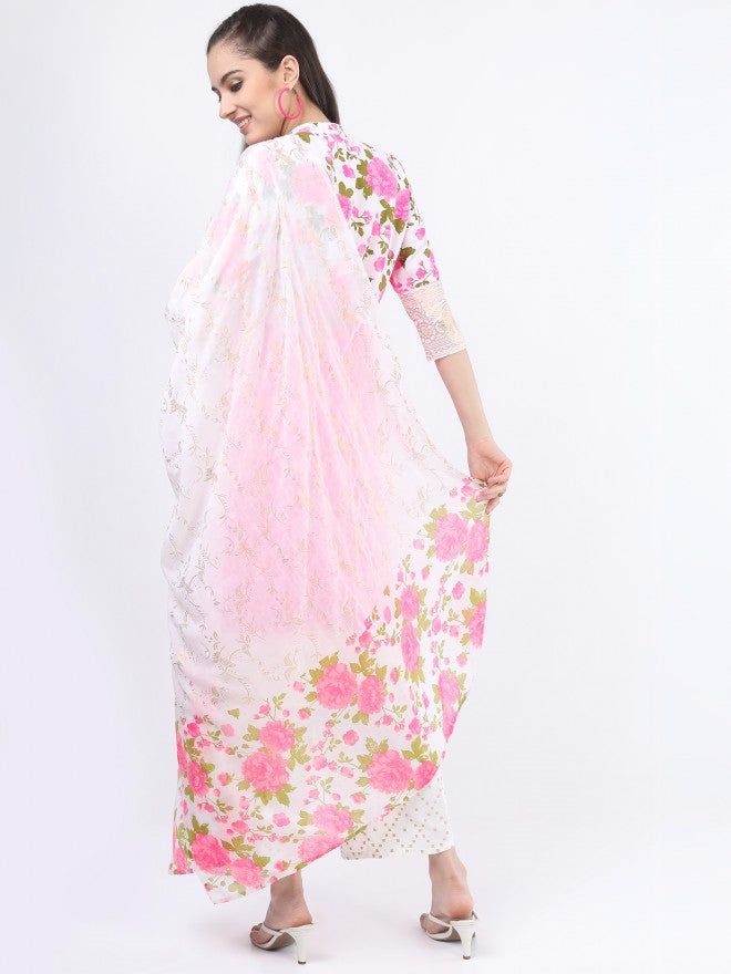 Vishudh Women Khaki/Pink Floral Printed Kurta with Palazzo And Dupatta - Beige - Image 3