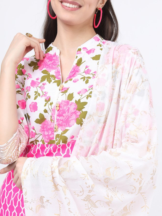 Vishudh Women Khaki/Pink Floral Printed Kurta with Palazzo And Dupatta - Beige - Image 4