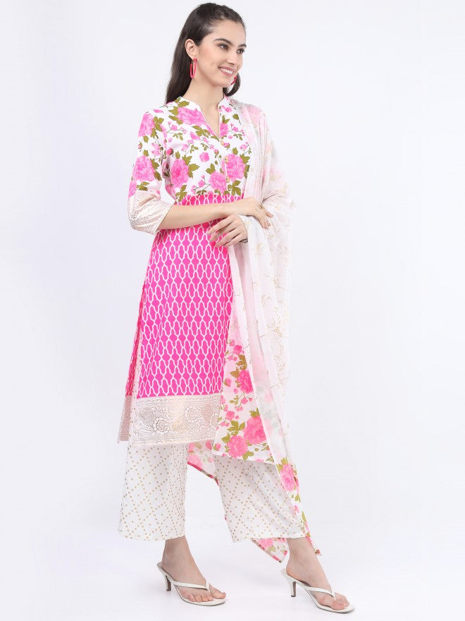 Vishudh Women Khaki/Pink Floral Printed Kurta with Palazzo And Dupatta - Beige - Image 5