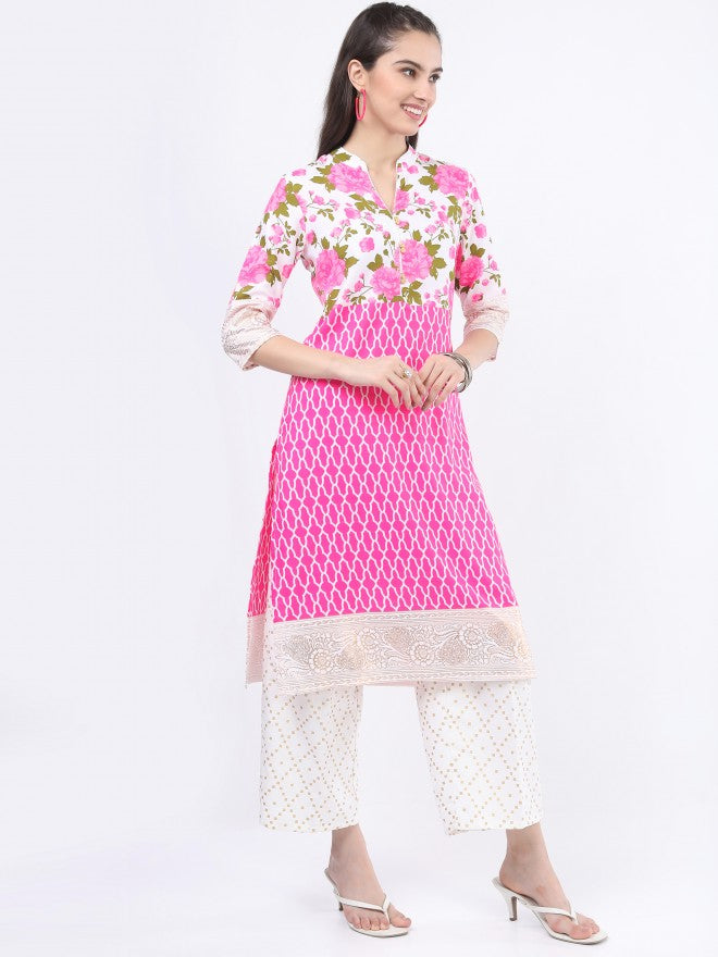 Vishudh Women Khaki/Pink Floral Printed Kurta with Palazzo And Dupatta - Beige - Image 6