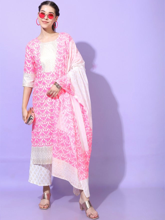 Vishudh Womens Straight Kurta With Palazzo And Dupatta - Pink - Image 1