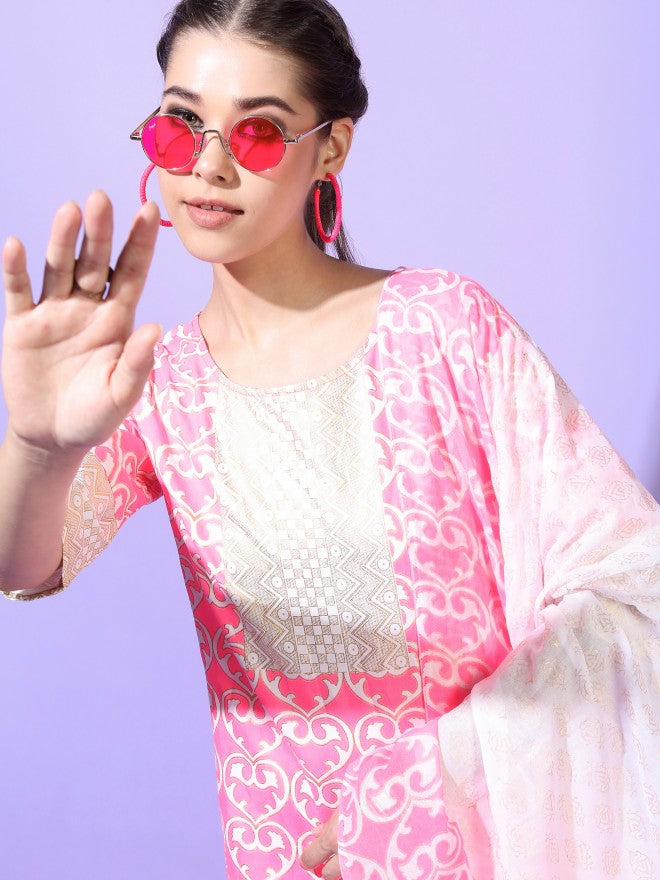 Vishudh Womens Straight Kurta With Palazzo And Dupatta - Pink - Image 2